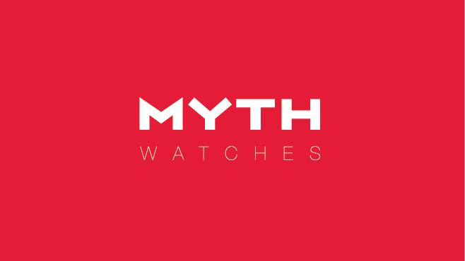 myth watches logo, white on red